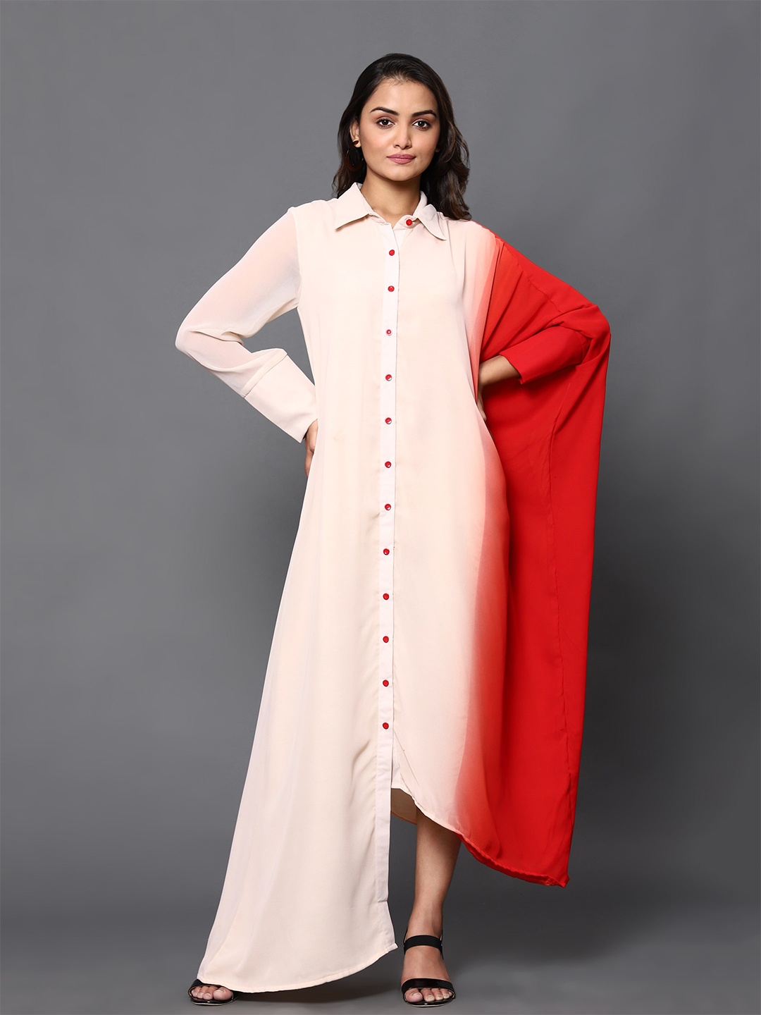 

KHUMAAR Shuchi Bhutani Beige & Red Colourblocked Georgette Shirt Maxi Dress