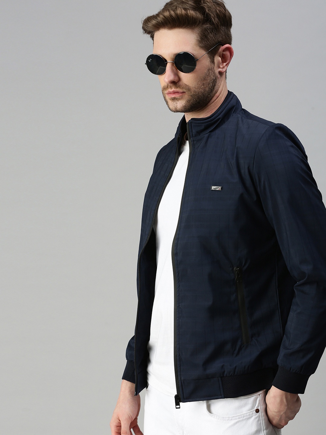

SHOWOFF Men Navy Blue Checked Lightweight Bomber Jacket