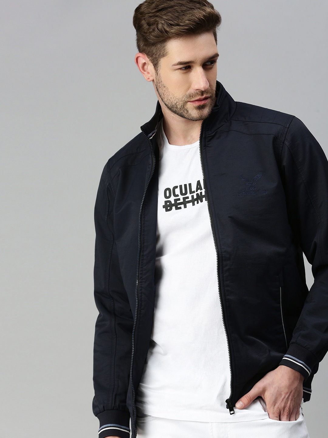 

SHOWOFF Men Navy Blue Solid Lightweight Bomber Jacket