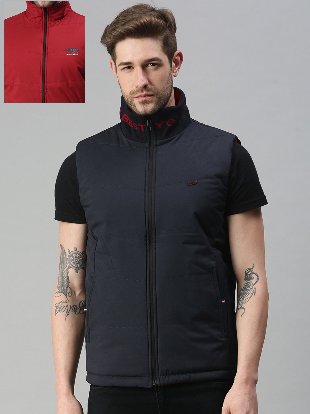 

SHOWOFF Men Maroon Reversible Bomber with Patchwork Jacket