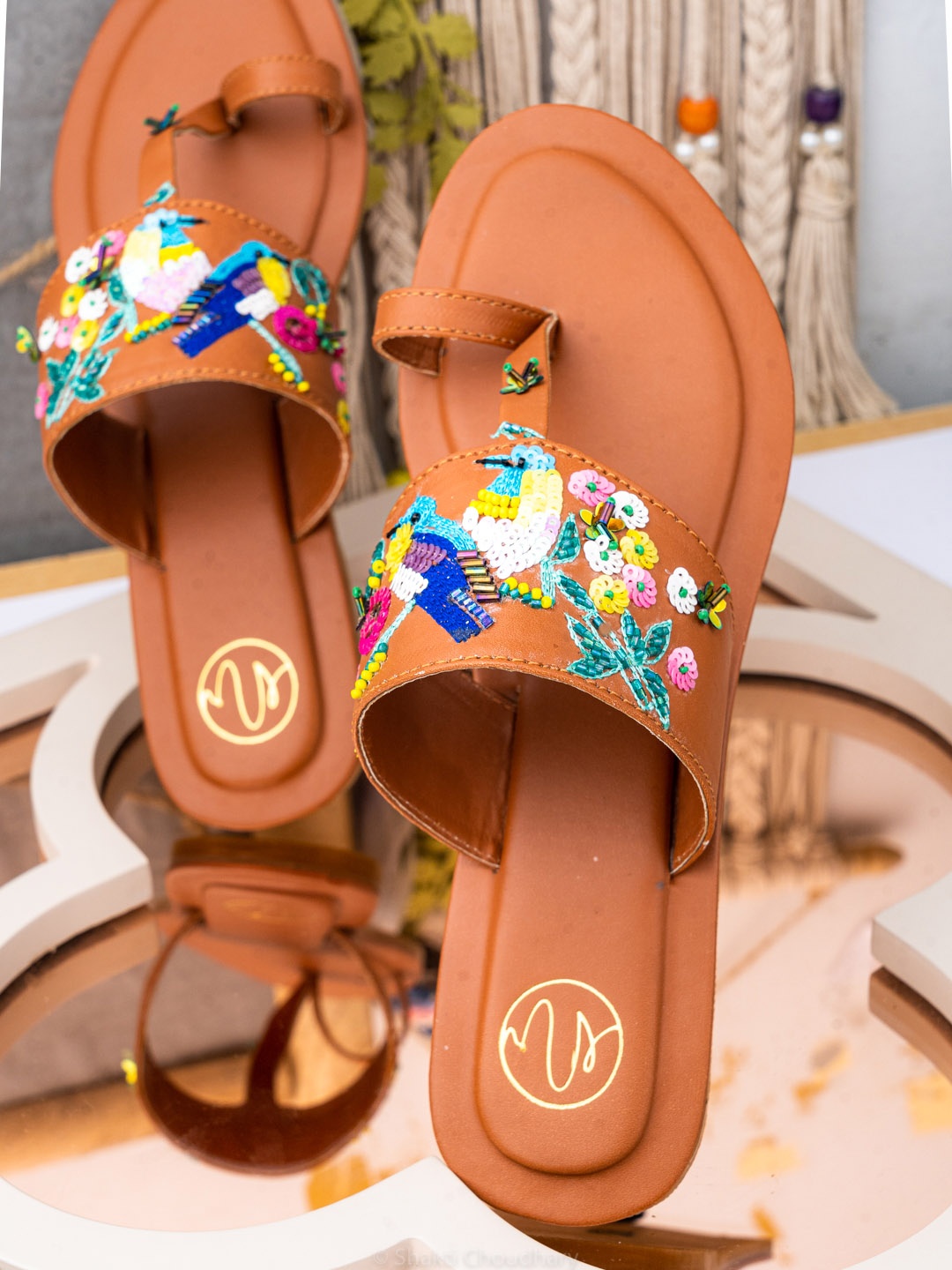 

NR By Nidhi Rathi Women Tan Brown & Blue Embellished Leather One Toe Flats