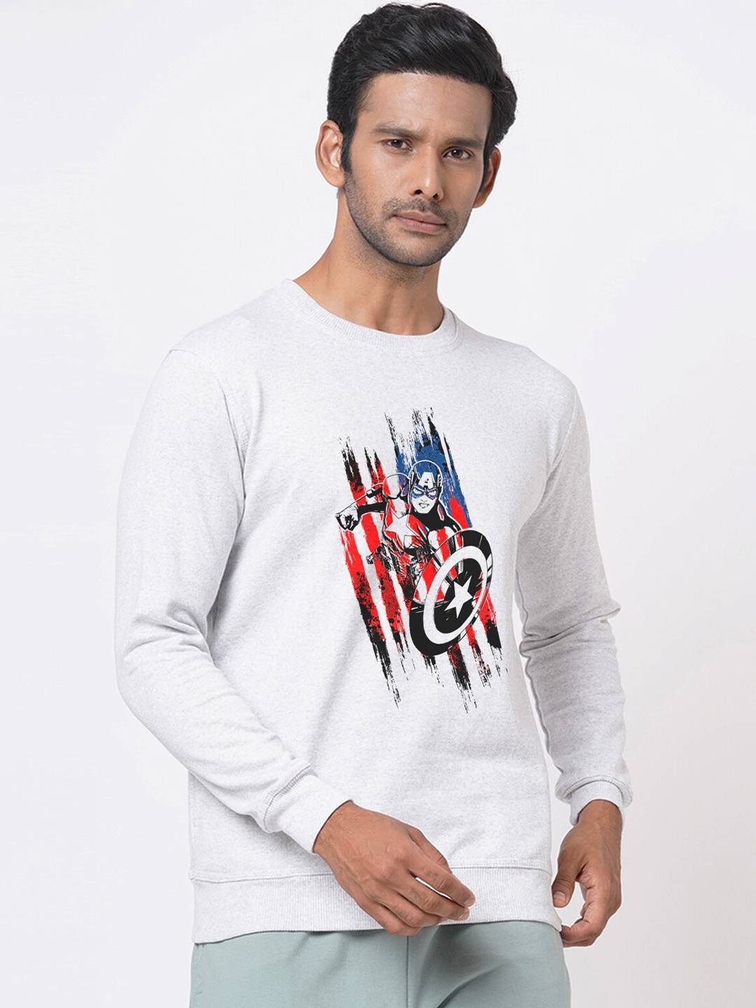 

Wear Your Opinion Men Off White & Red Captain America Printed Cotton Sweatshirt