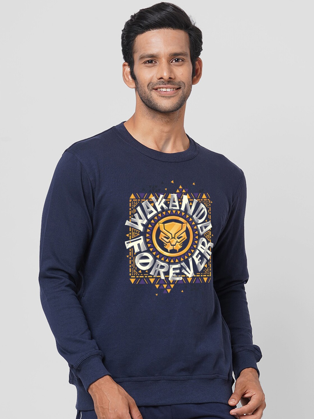 

Wear Your Opinion Men Navy Blue & Yellow Black Panther Printed Cotton Sweatshirt
