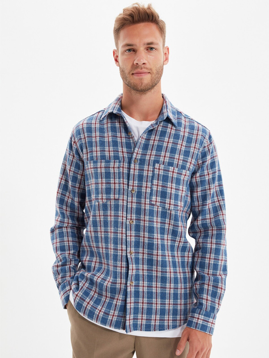 

Trendyol Men Blue & White Tartan Checked Cotton Twill Casual Shirt