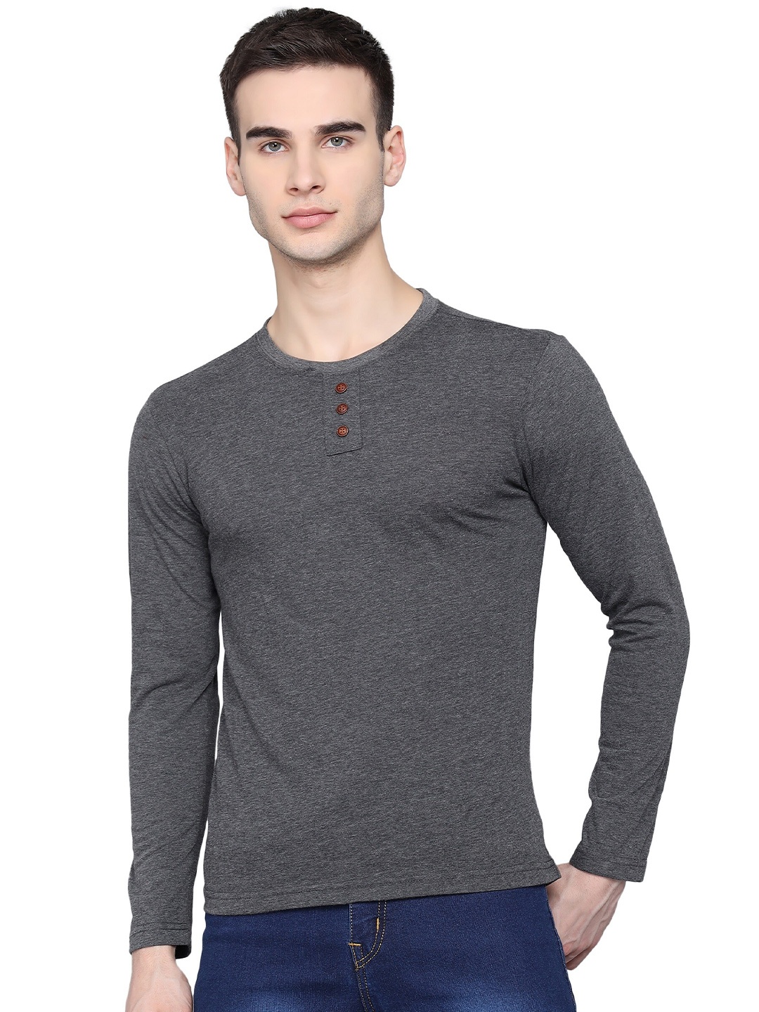 

PockMAN Men Grey Melange Henley Neck T-shirt