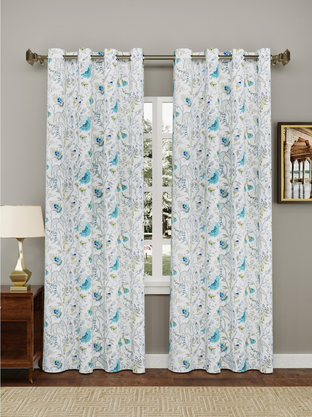 

Clasiko White & Blue Set of 2 Floral Door Curtain
