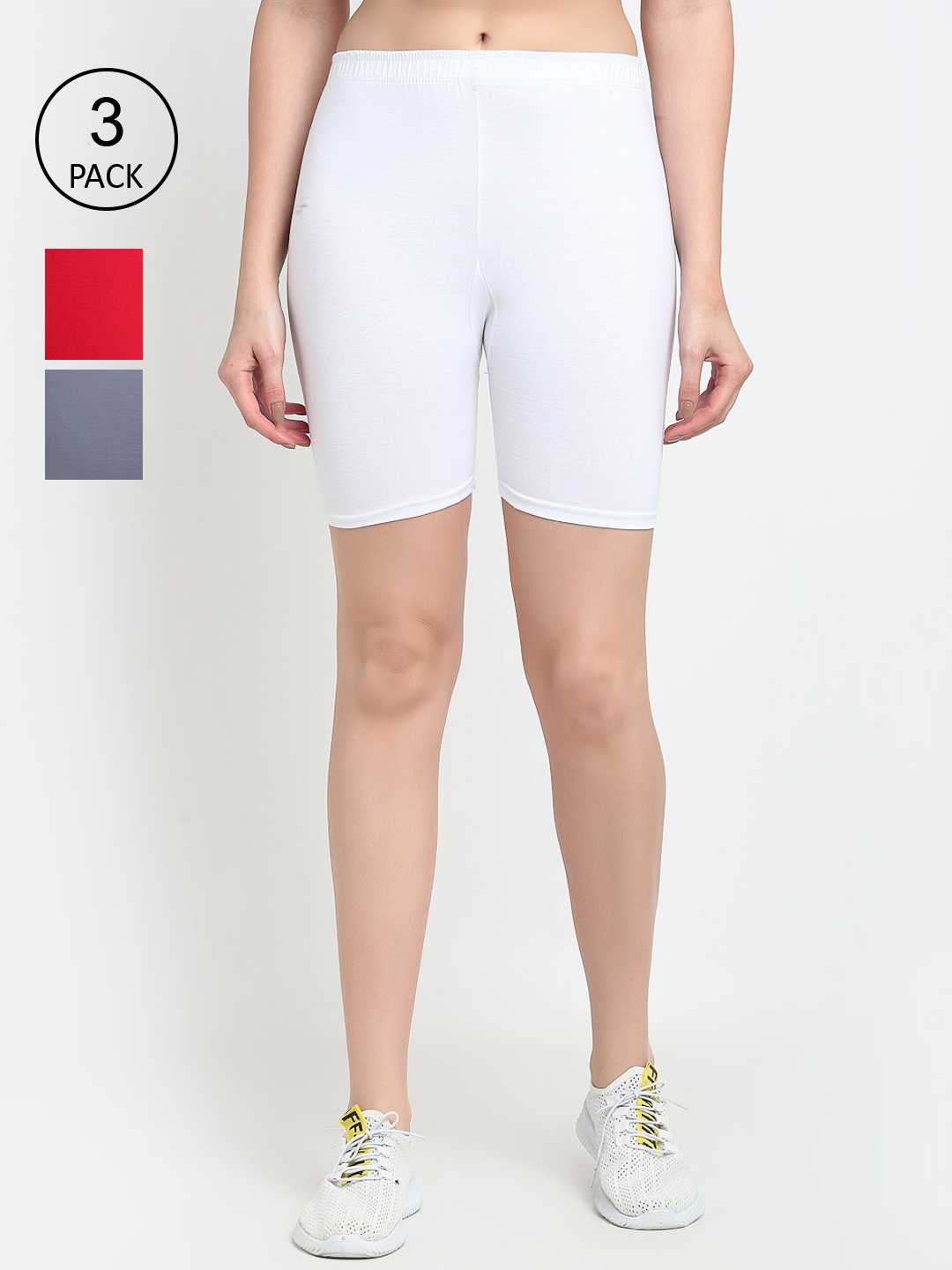 

GRACIT Women Pack of 3 Solid Biker Shorts, White