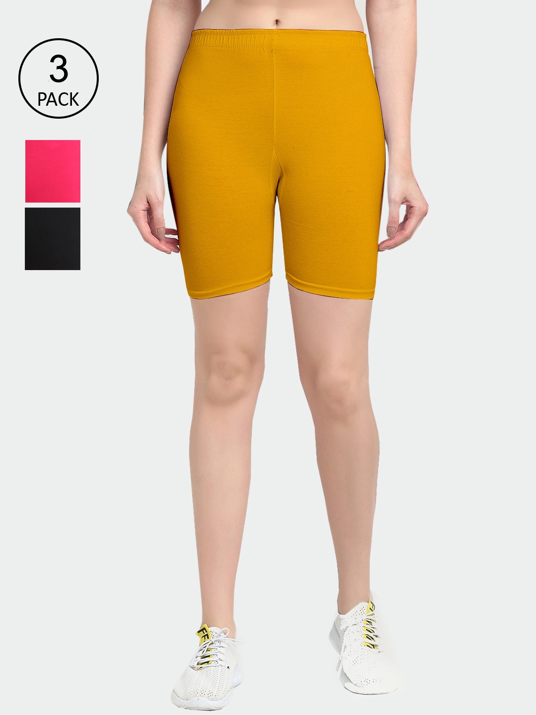 

GRACIT Women Pack of 3 Solid Biker Shorts, Mustard