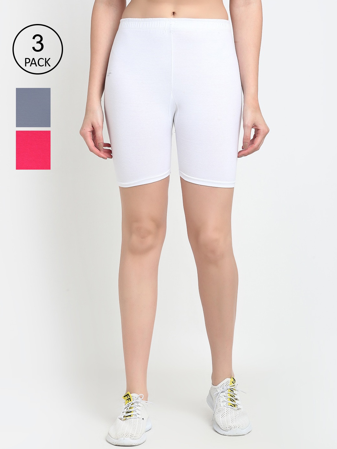

GRACIT Women Pack of 3 Solid Biker Shorts, White