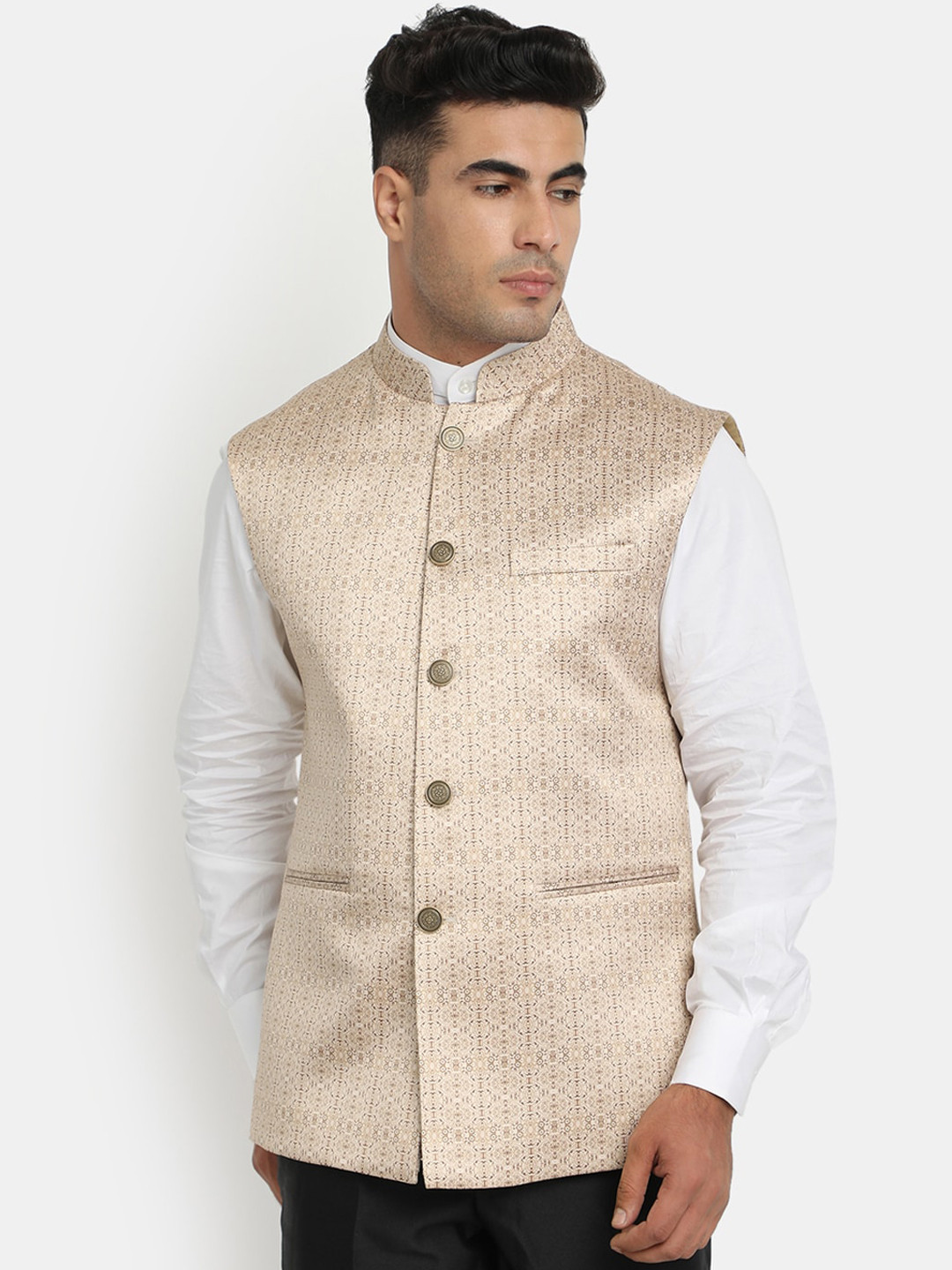 

HOB Men Camel Brown Printed Nehru Jacket