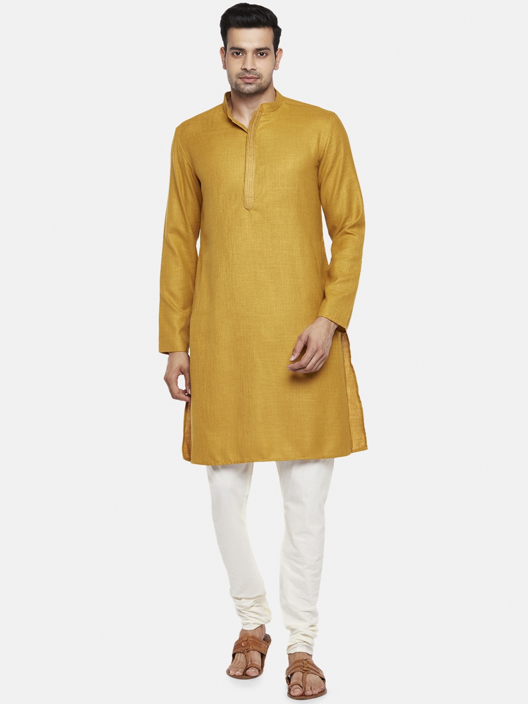 

indus route by Pantaloons Men Mustard Yellow Solid Thread Work Pure Cotton Kurta