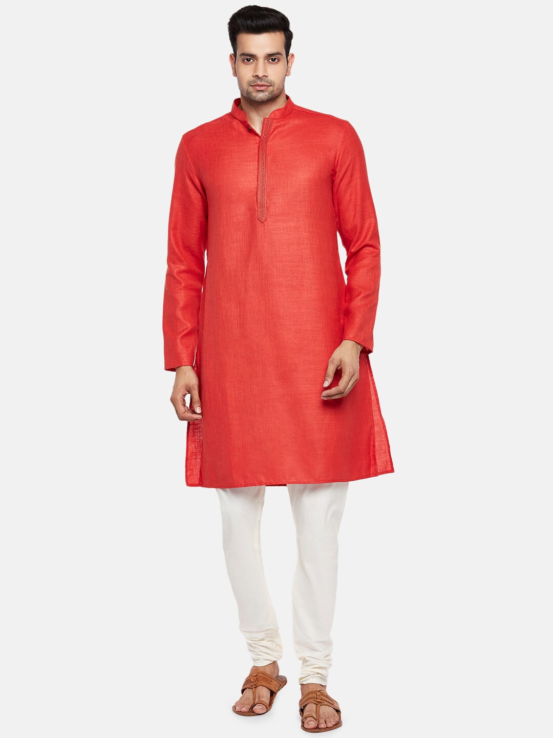 

indus route by Pantaloons Men Red Solid Thread Work Pure Cotton Kurta