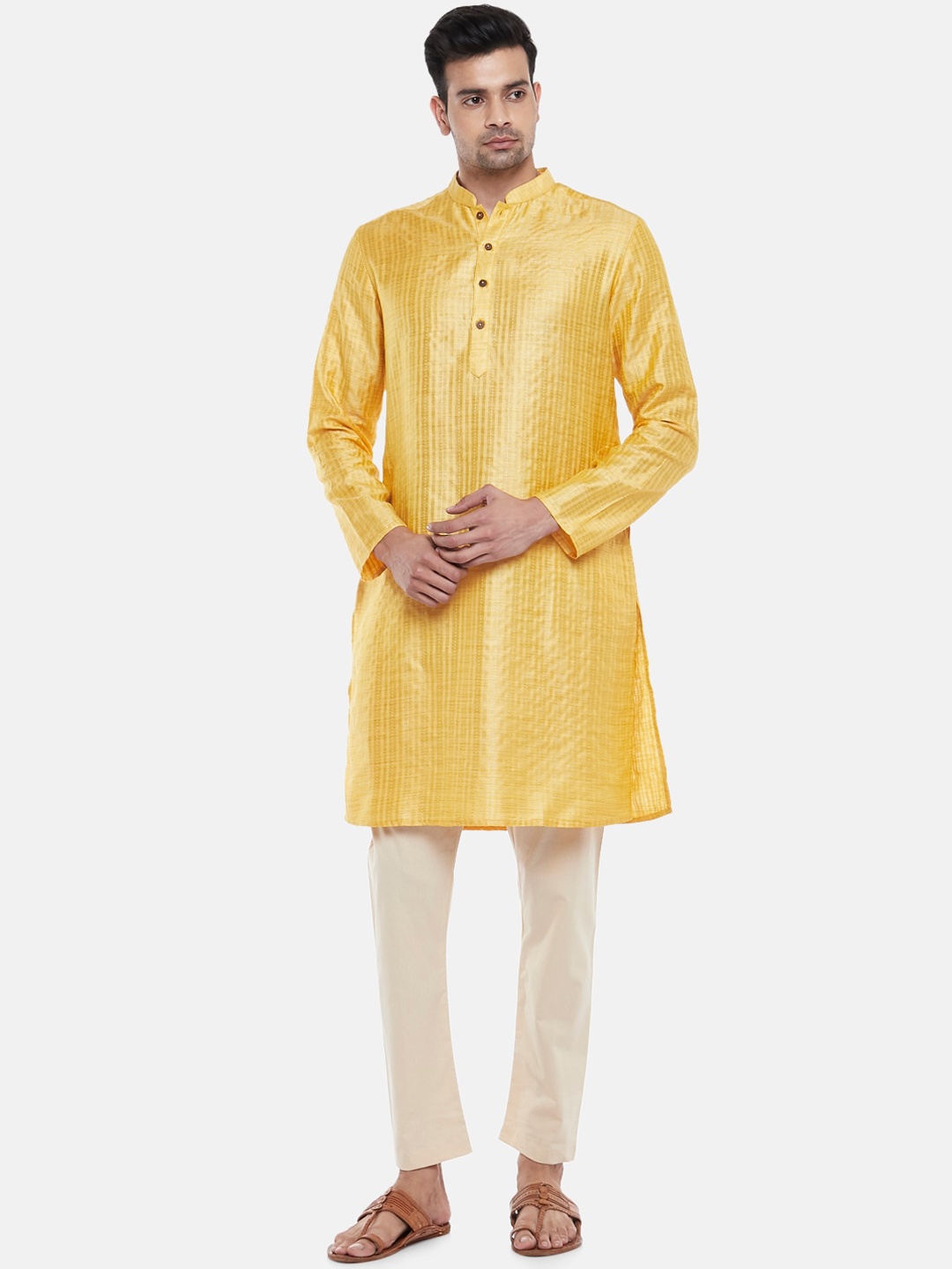 

indus route by Pantaloons Men Mustard Yellow Thread Work Kurta
