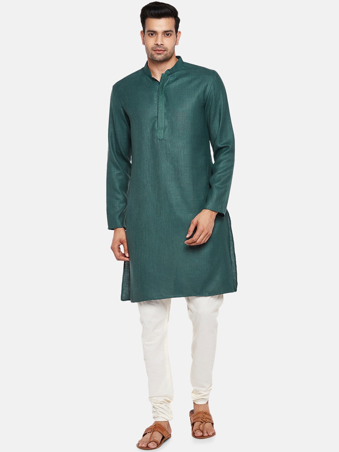 

indus route by Pantaloons Men Teal Green Solid Thread Work Pure Cotton Kurta