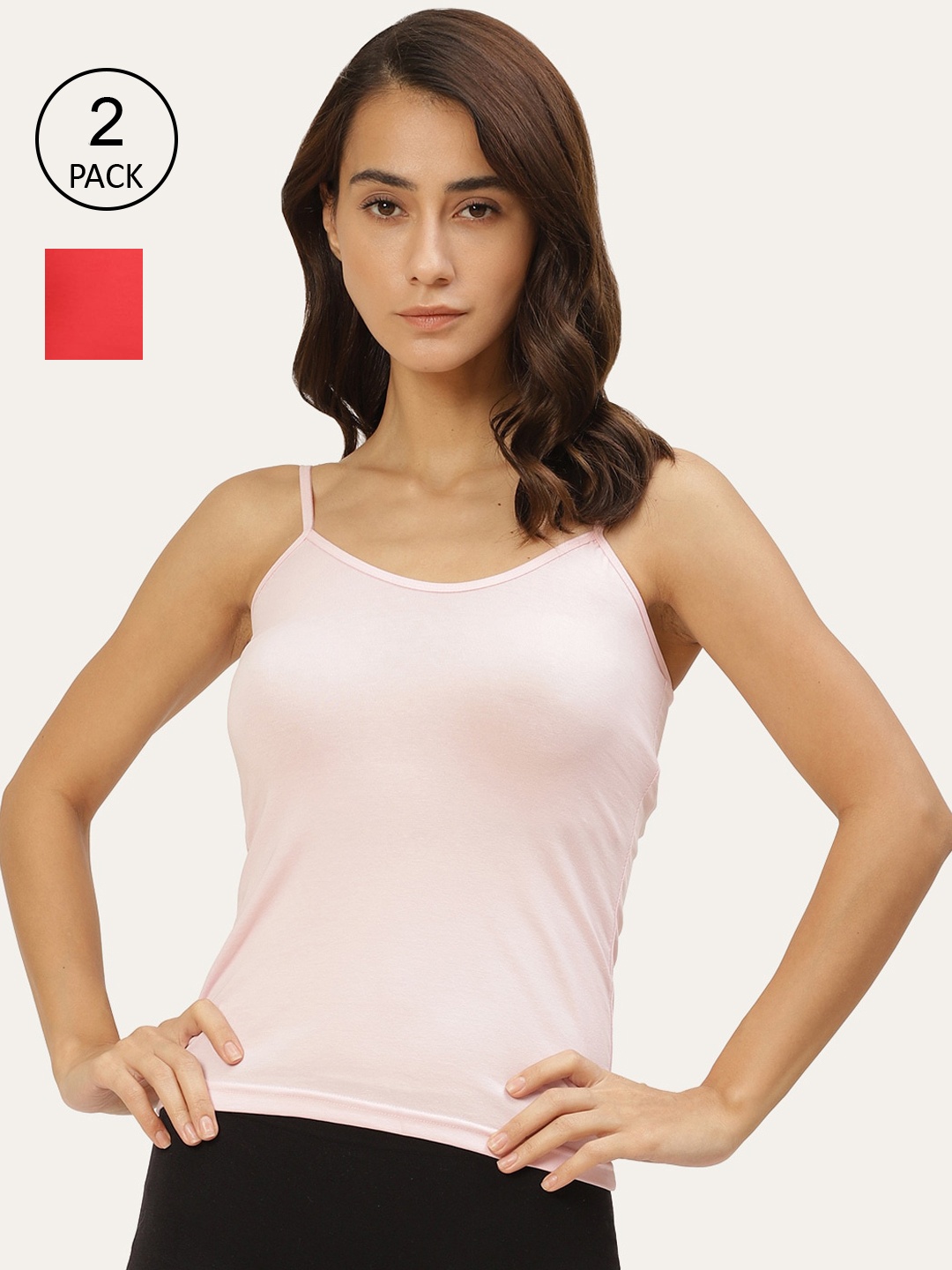 

Lady Lyka Women Pack Of 2 Solid Cotton Camisoles, Peach
