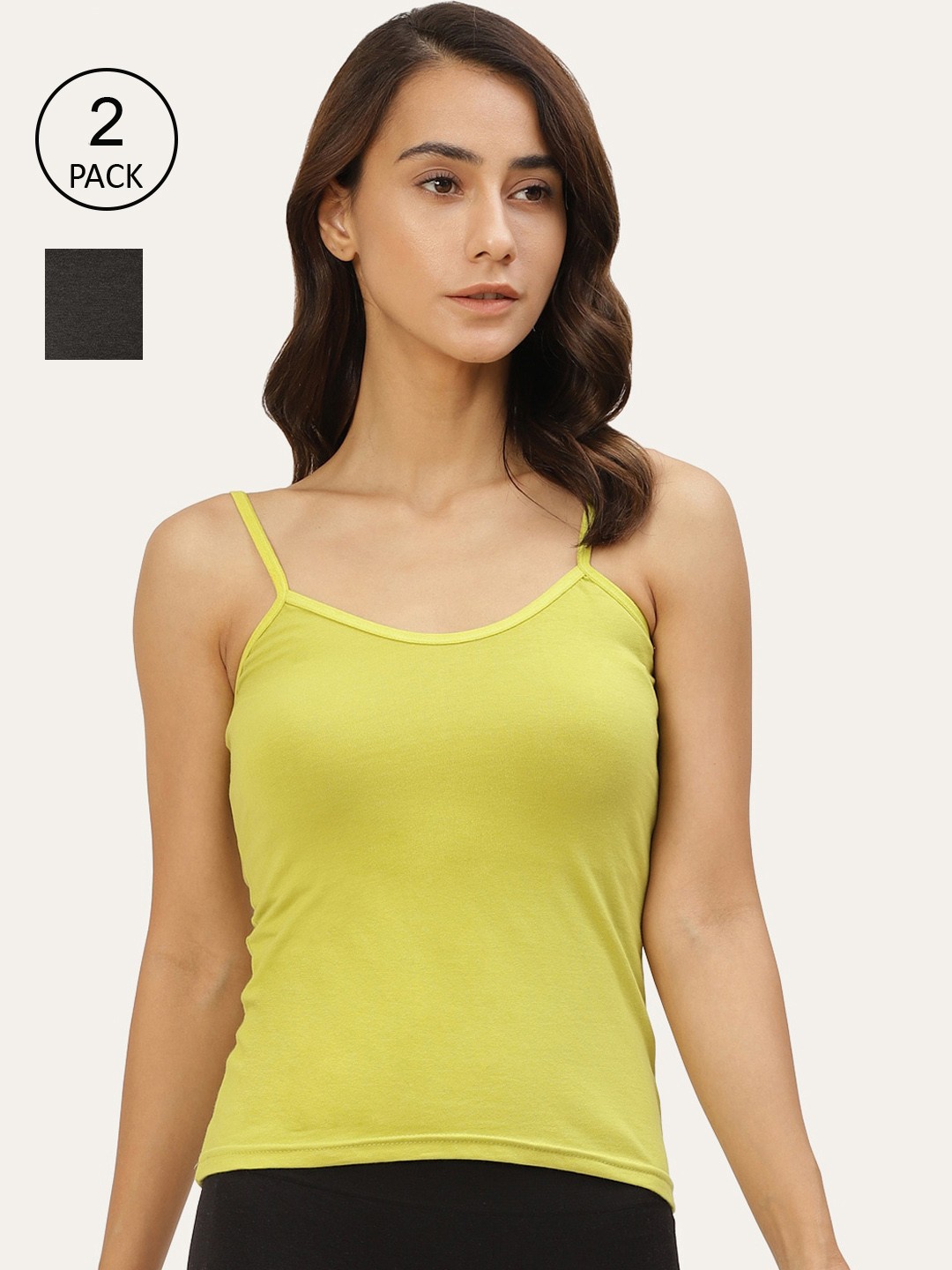 

Lady Lyka Women Pack Of 2 Solid Cotton Camisoles, Green