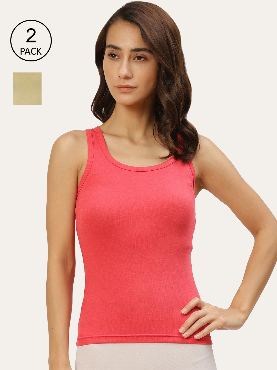 

Lady Lyka Women Pack Of 2 Solid Cotton Camisoles, Peach
