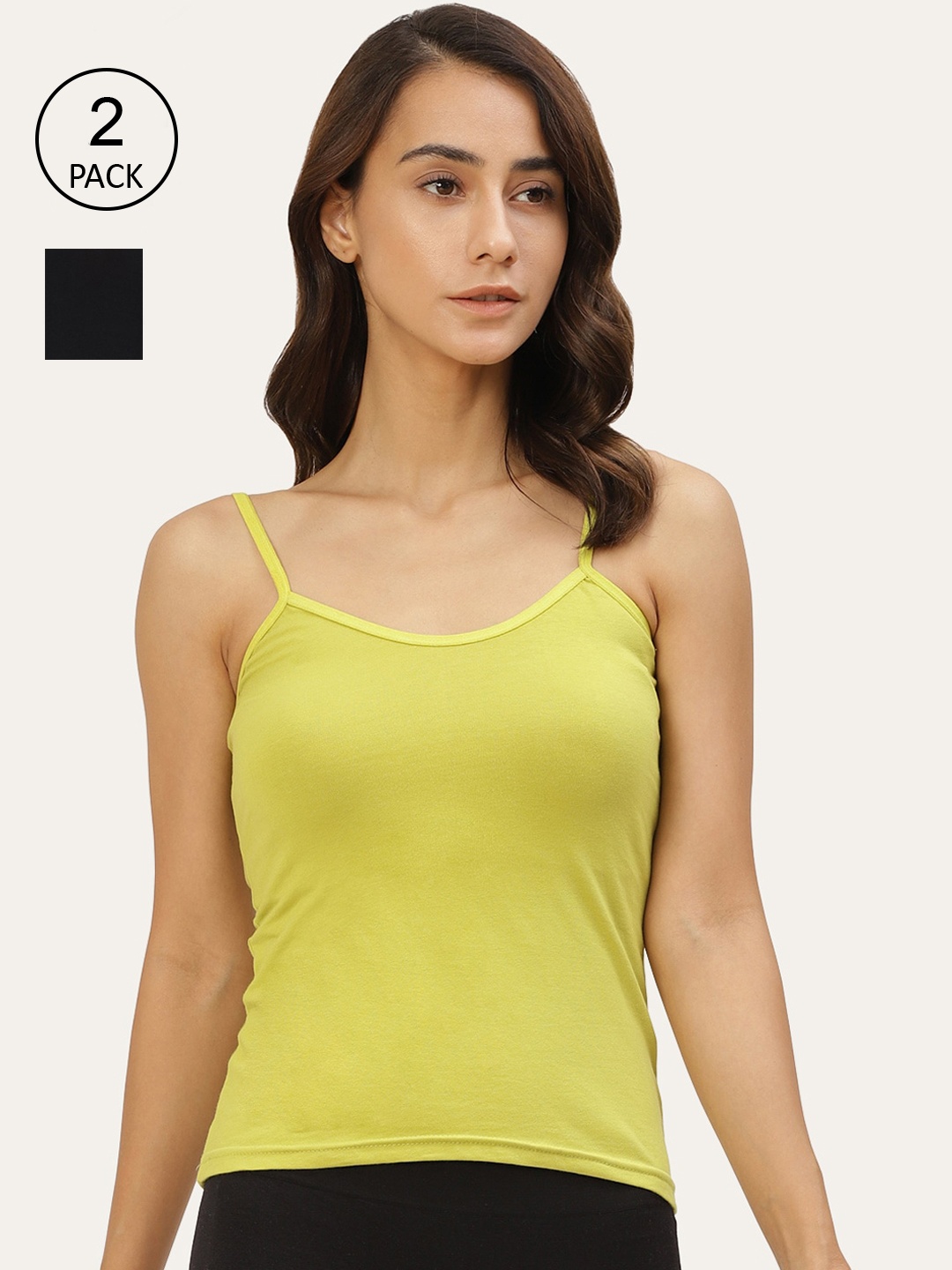 

Lady Lyka Women Pack Of 2 Solid Cotton Camisoles, Yellow