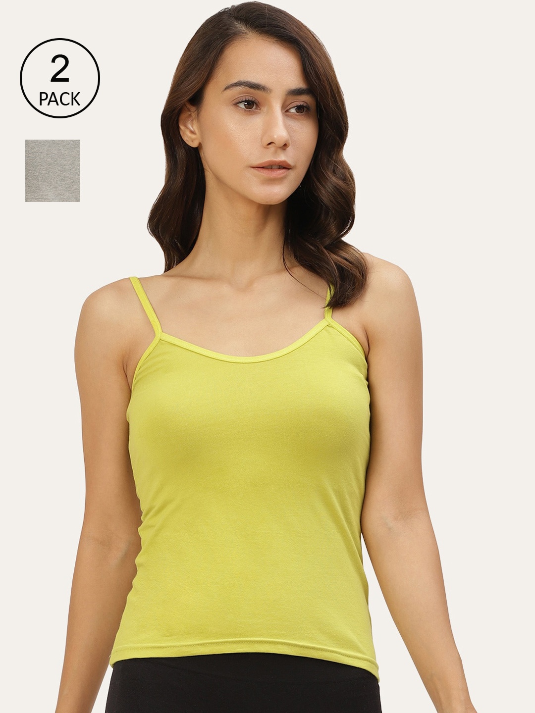 

Lady Lyka Women Pack Of 2 Solid Cotton Camisoles, Green