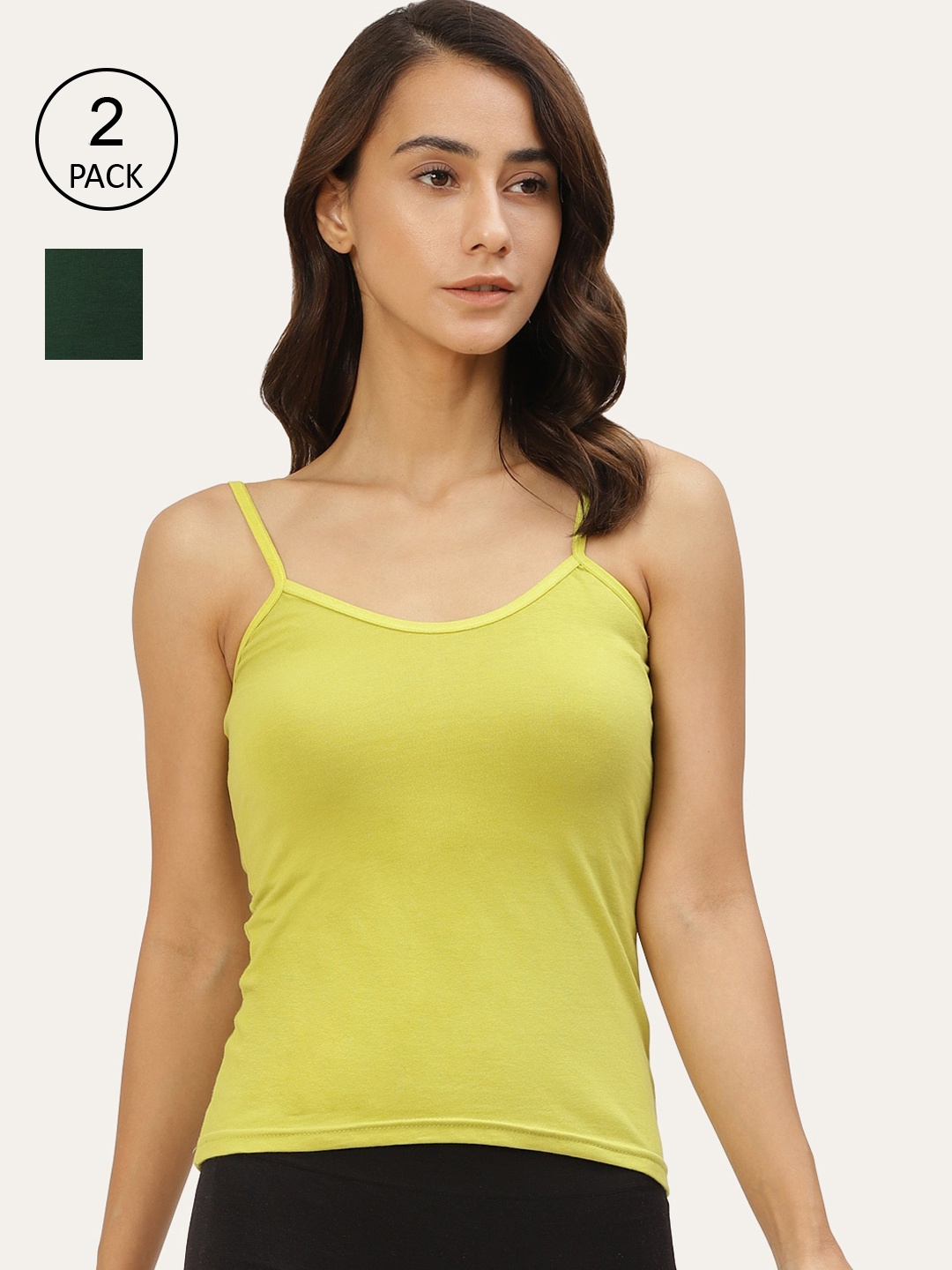 

Lady Lyka Women Pack Of 2 Solid Cotton Camisoles, Green