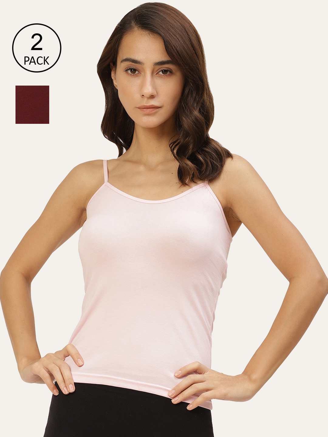 

Lady Lyka Women Pack of 2 Solid Cotton Camisoles, Pink