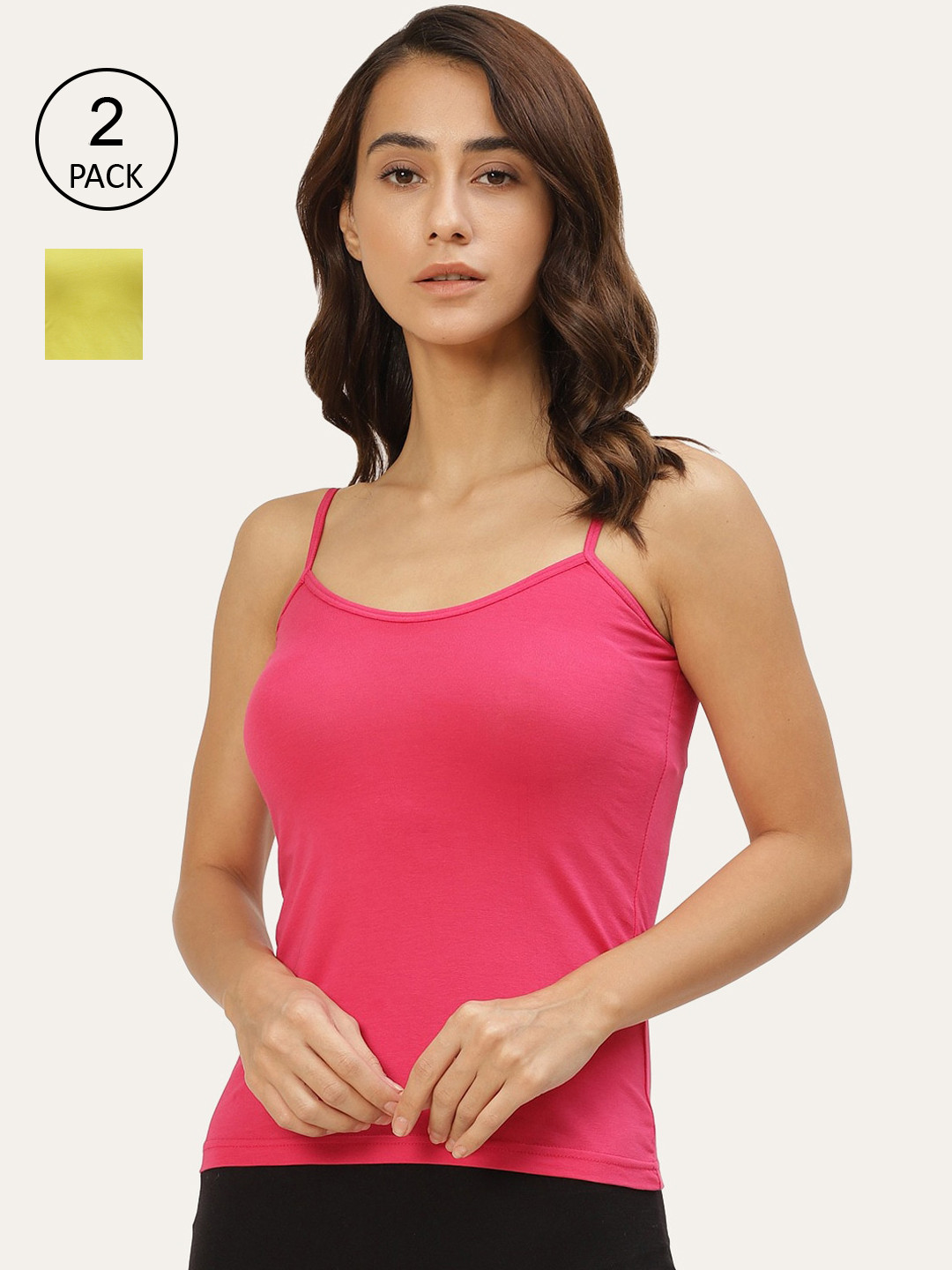 

Lady Lyka Women Pack Of 2 Solid Cotton Camisoles, Fuchsia