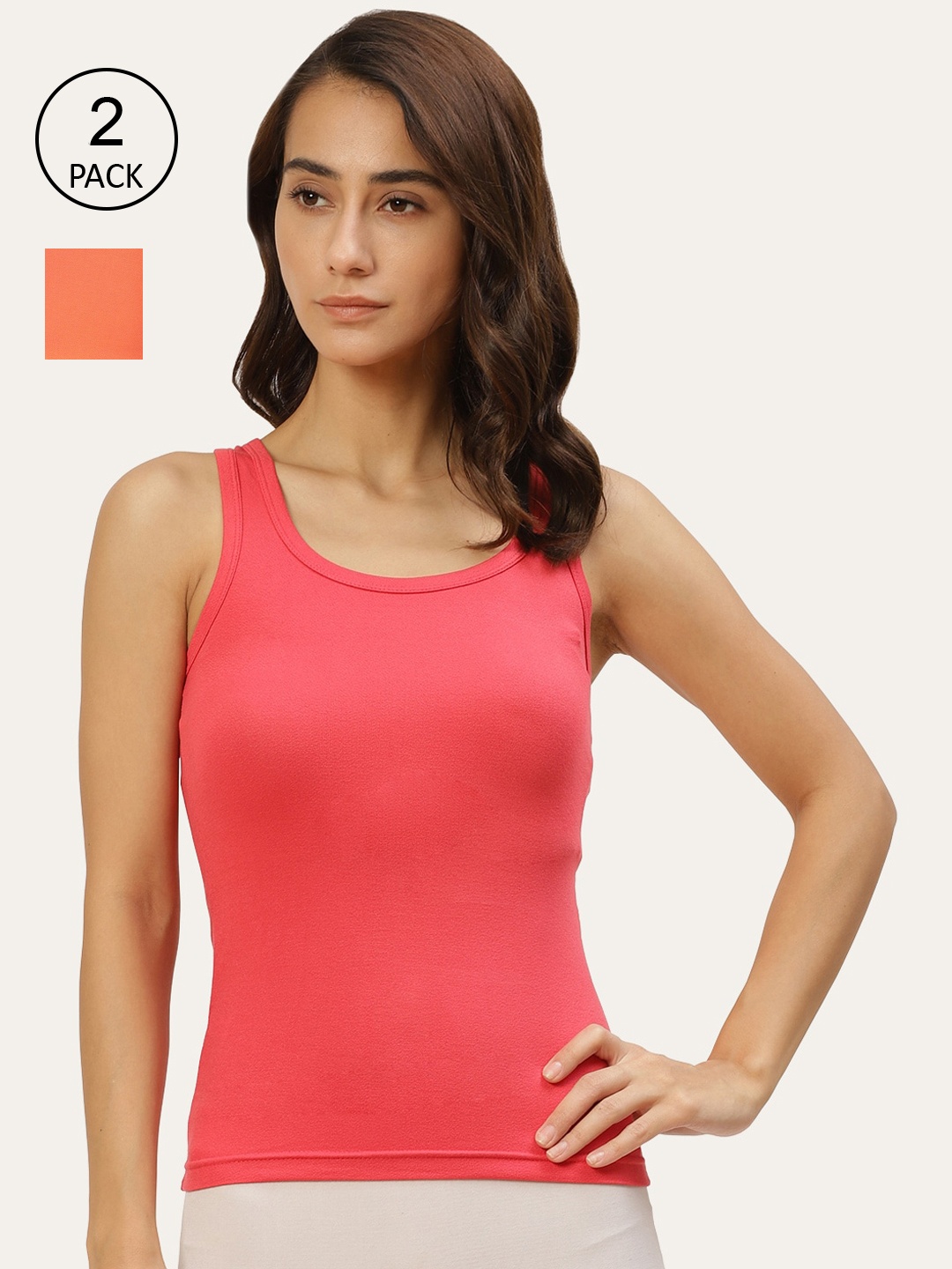 

Lady Lyka Women Pack Of 2 Solid Cotton Camisoles, Peach