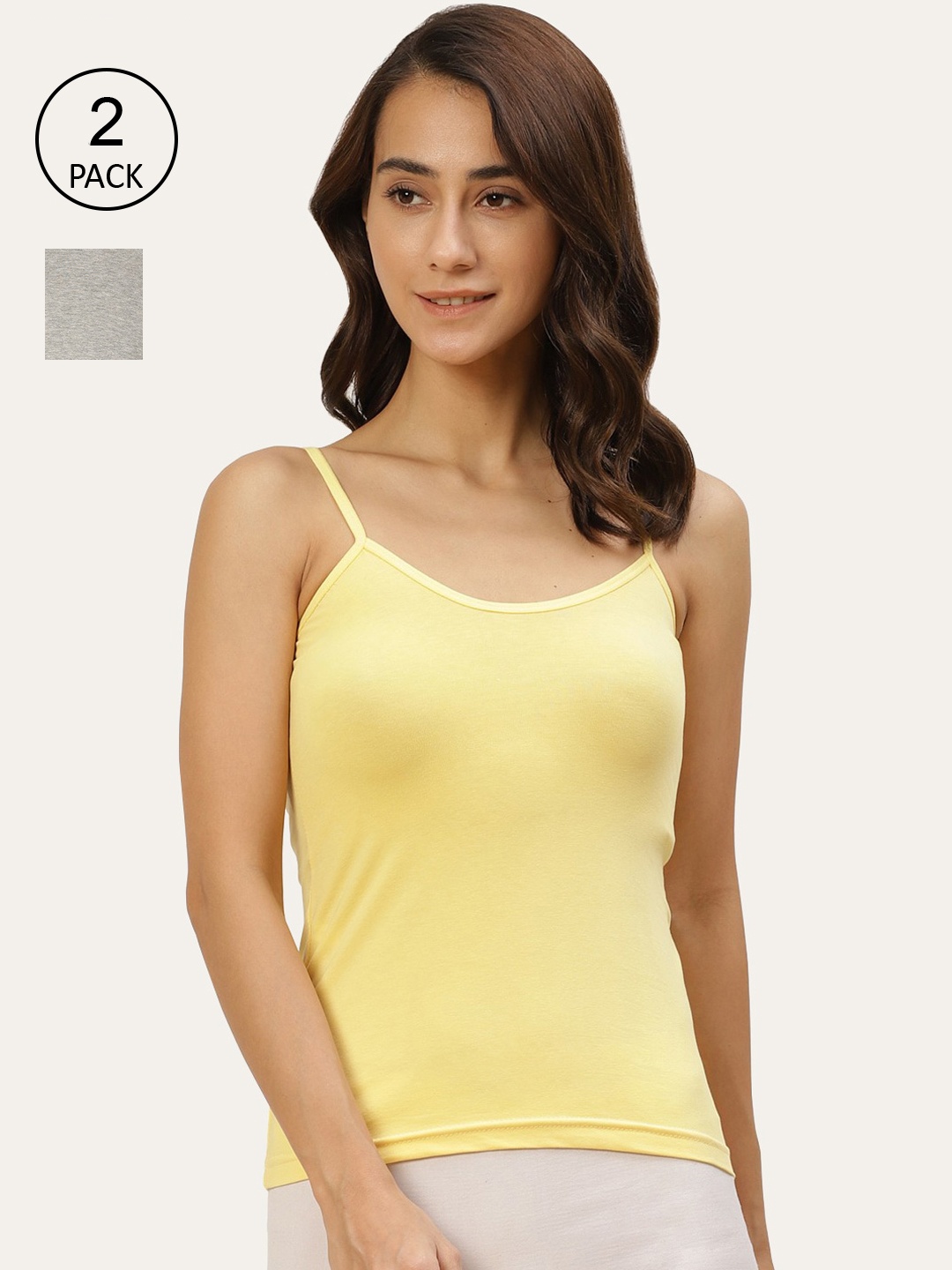 

Lady Lyka Women Pack Of 2 Solid Cotton Camisoles, Yellow