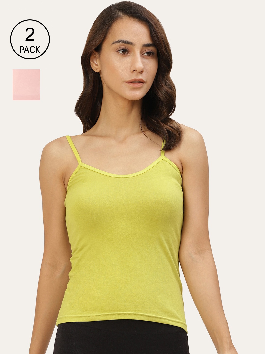 

Lady Lyka Women Pack Of 2 Solid Cotton Camisoles, Green