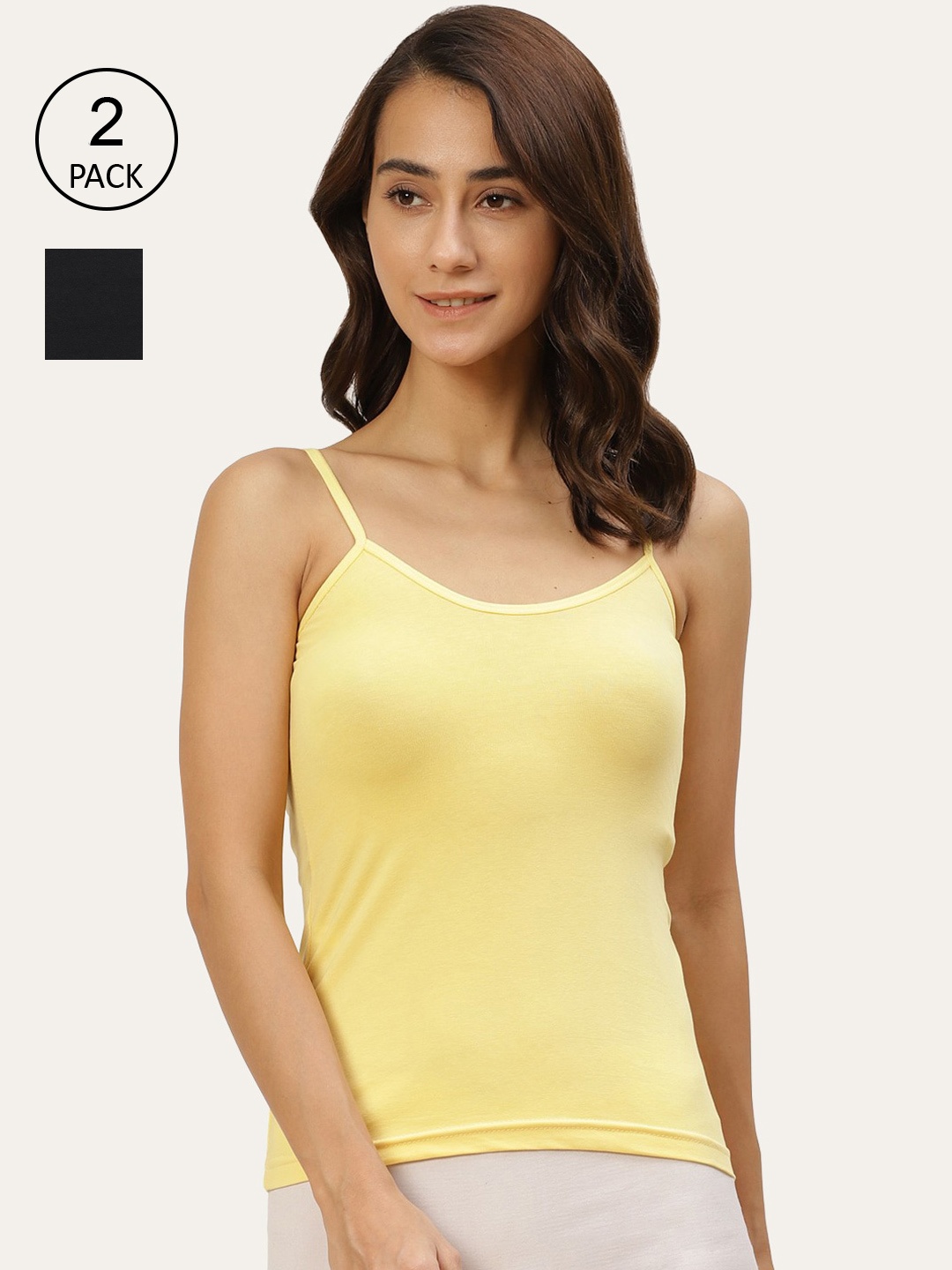 

Lady Lyka Women Pack Of 2 Solid Cotton Camisoles, Yellow