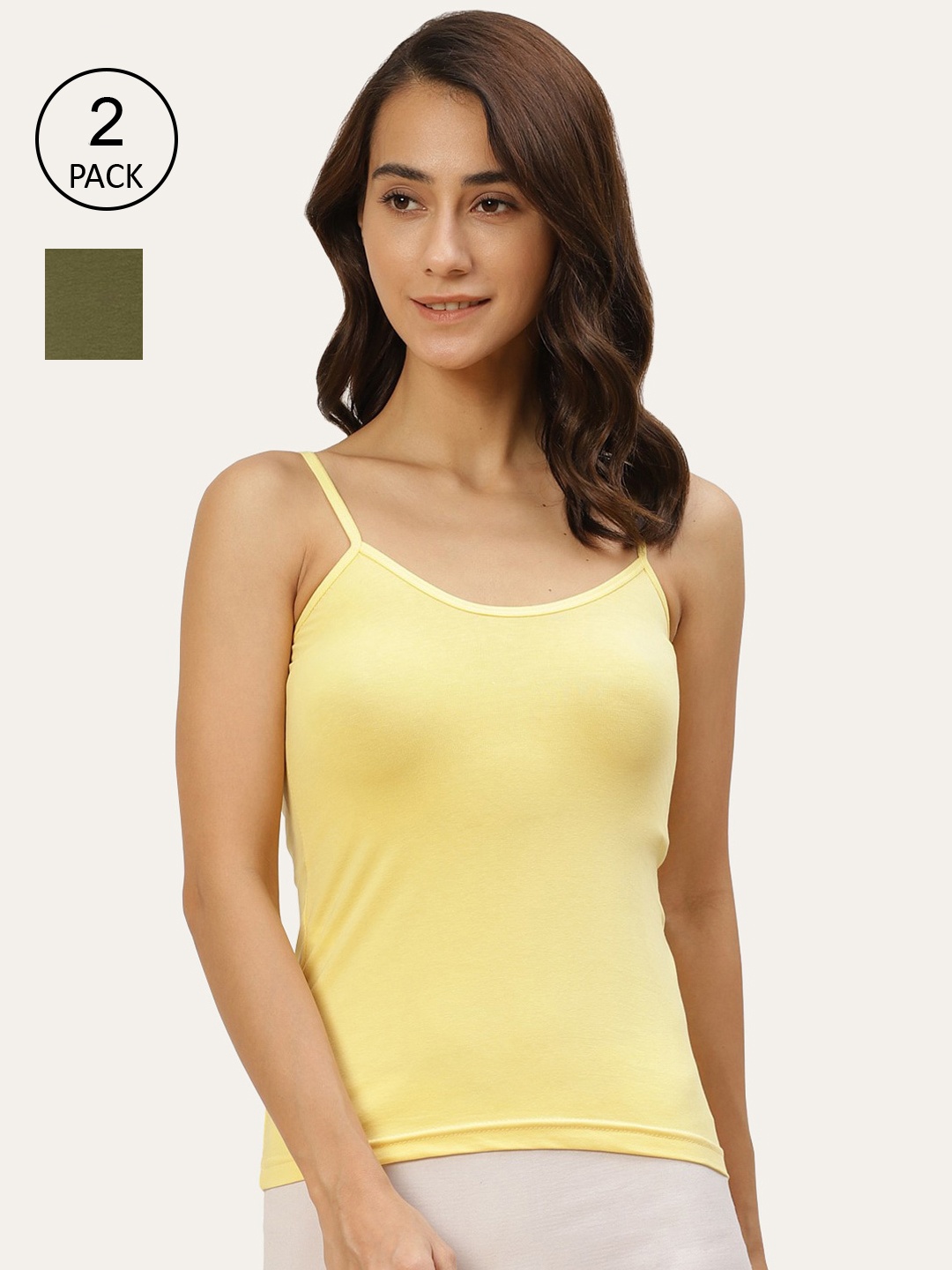 

Lady Lyka Women Pack Of 2 Solid Cotton Camisoles, Yellow