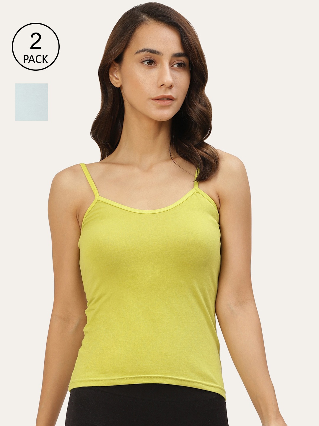 

Lady Lyka Women Pack Of 2 Solid Cotton Camisoles, Green