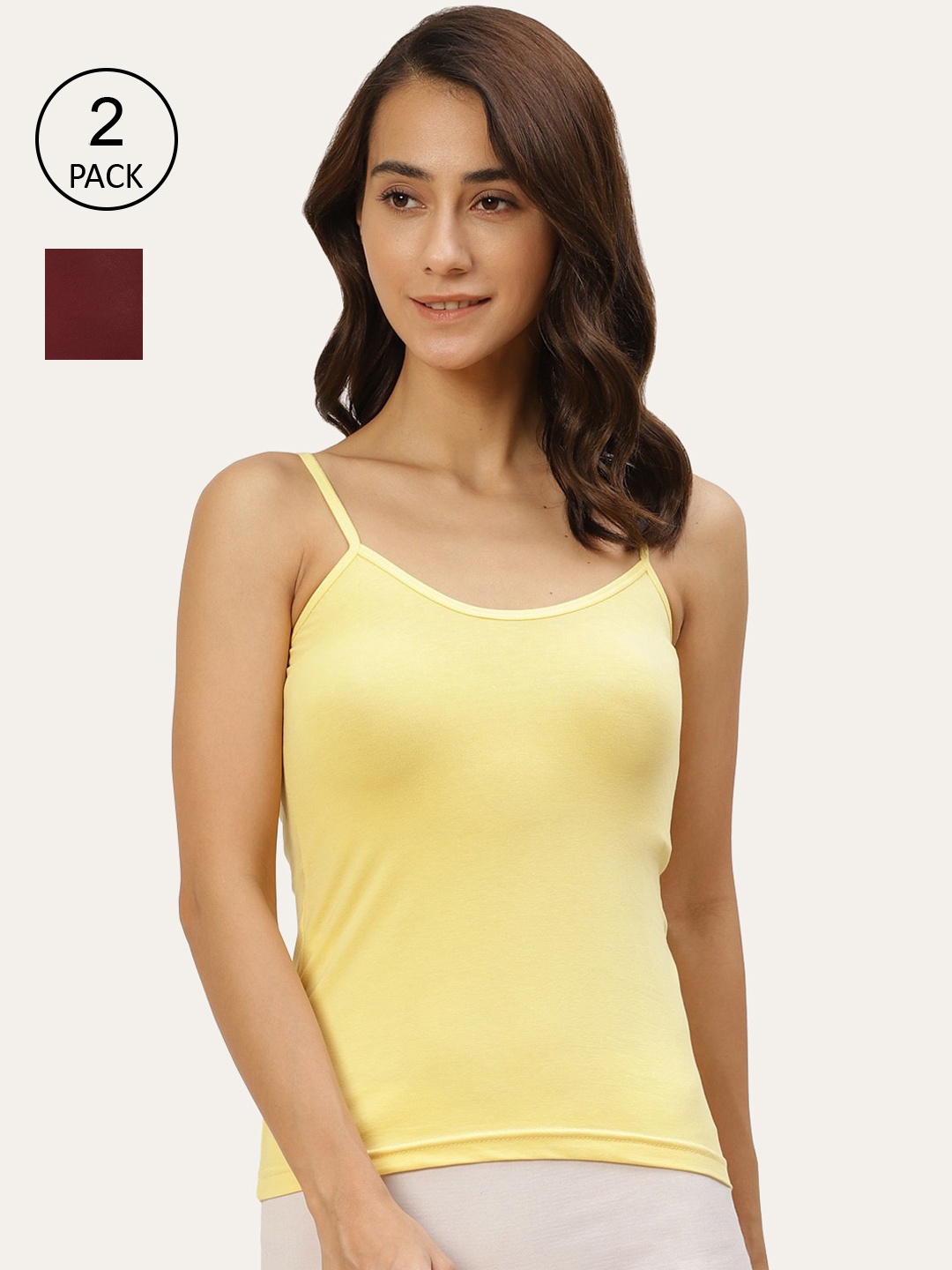 

Lady Lyka Women Pack Of 2 Solid Cotton Camisoles, Yellow