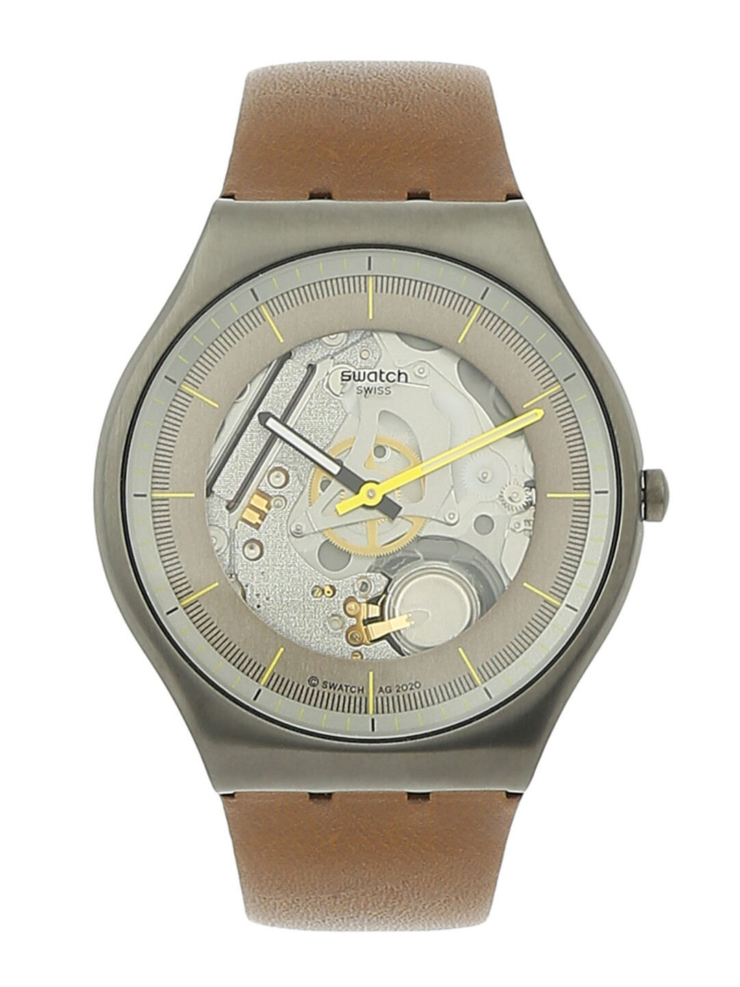 

Swatch Unisex Grey Skeleton Dial & Brown Leather Straps Analogue Watch SS07M103