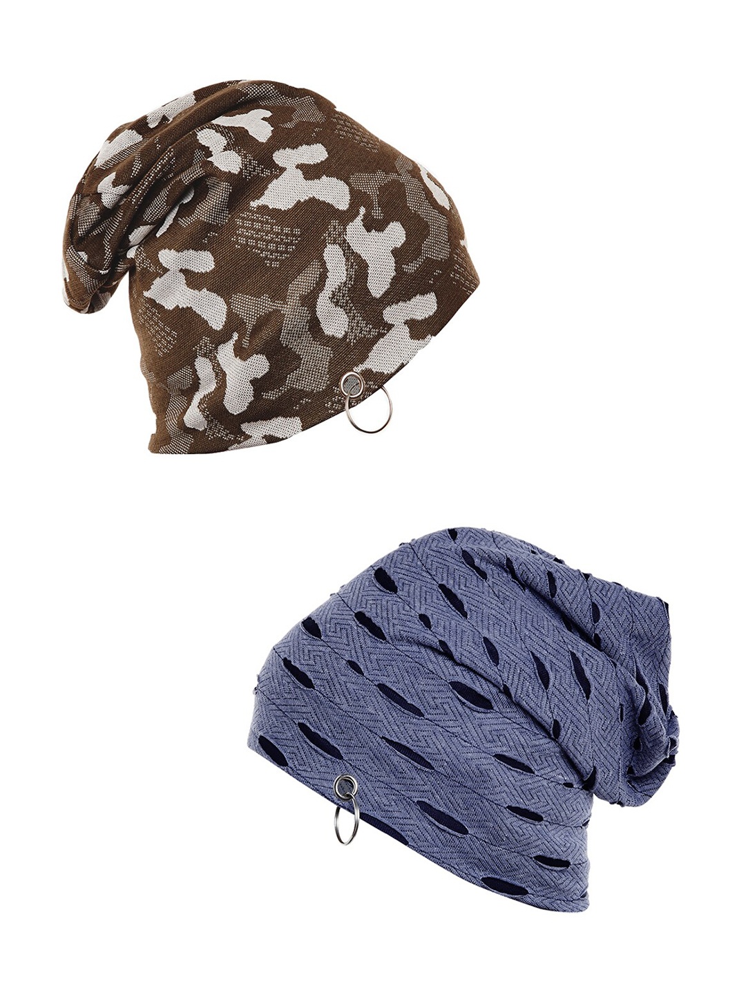 

VIMAL JONNEY Unisex Olive Green & Blue Set of 2 Printed Beanie