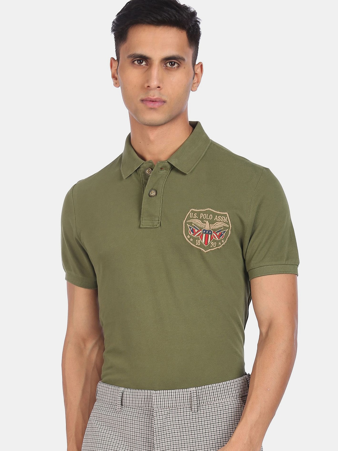 

U.S. Polo Assn. Denim Co. Men Olive Green Polo Collar Pure Cotton Applique T-shirt