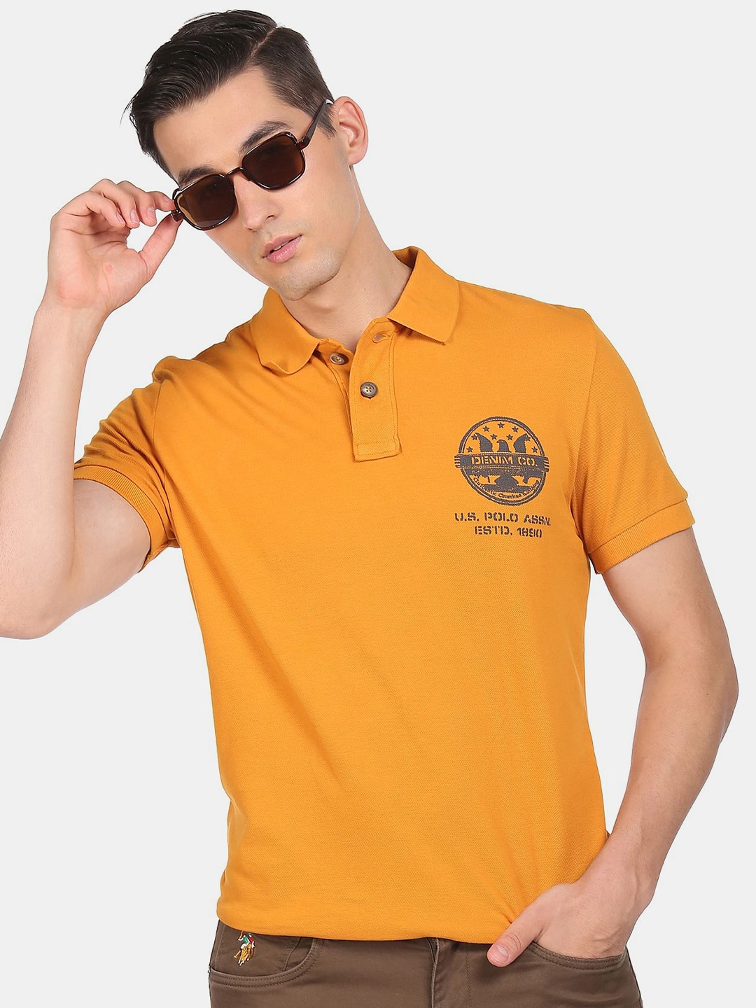 

U.S. Polo Assn. Denim Co. Men Gold-Toned Polo Collar Pure Cotton Applique T-shirt