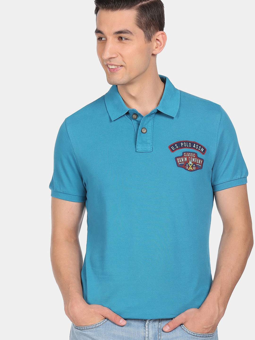

U.S. Polo Assn. Denim Co. Men Blue Polo Collar Pure Cotton Applique T-shirt