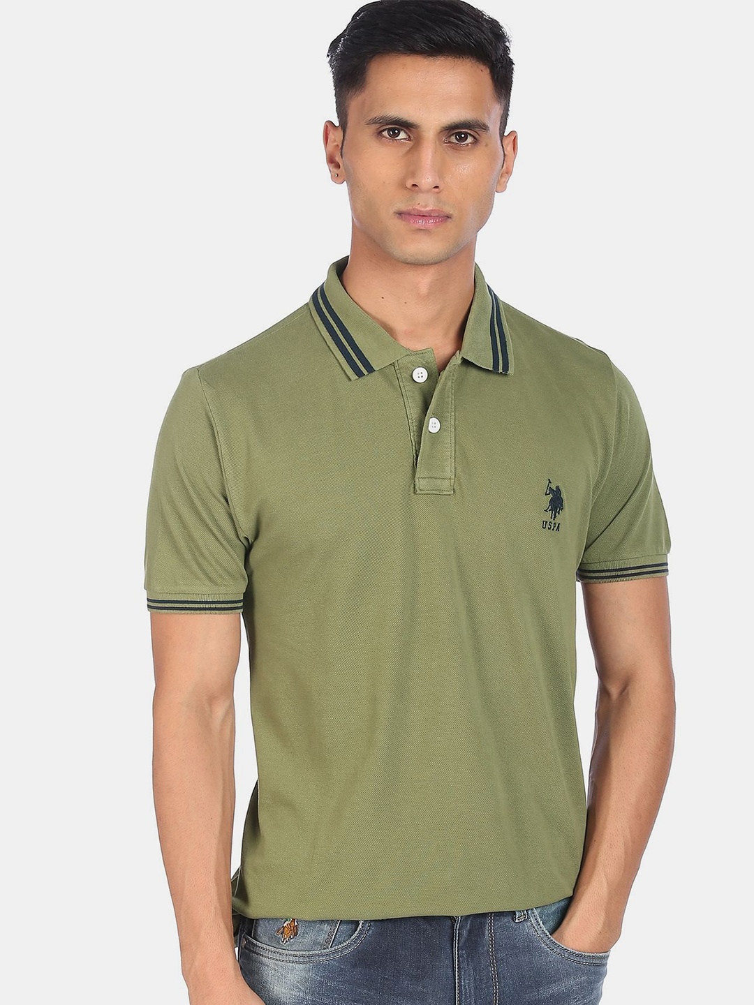 

U.S. Polo Assn. Men Olive Green Polo Collar Pure Cotton Applique T-shirt