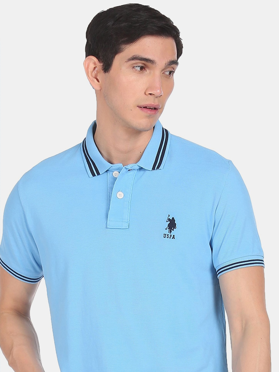 

U.S. Polo Assn. Men Blue Polo Collar Pure Cotton Applique T-shirt