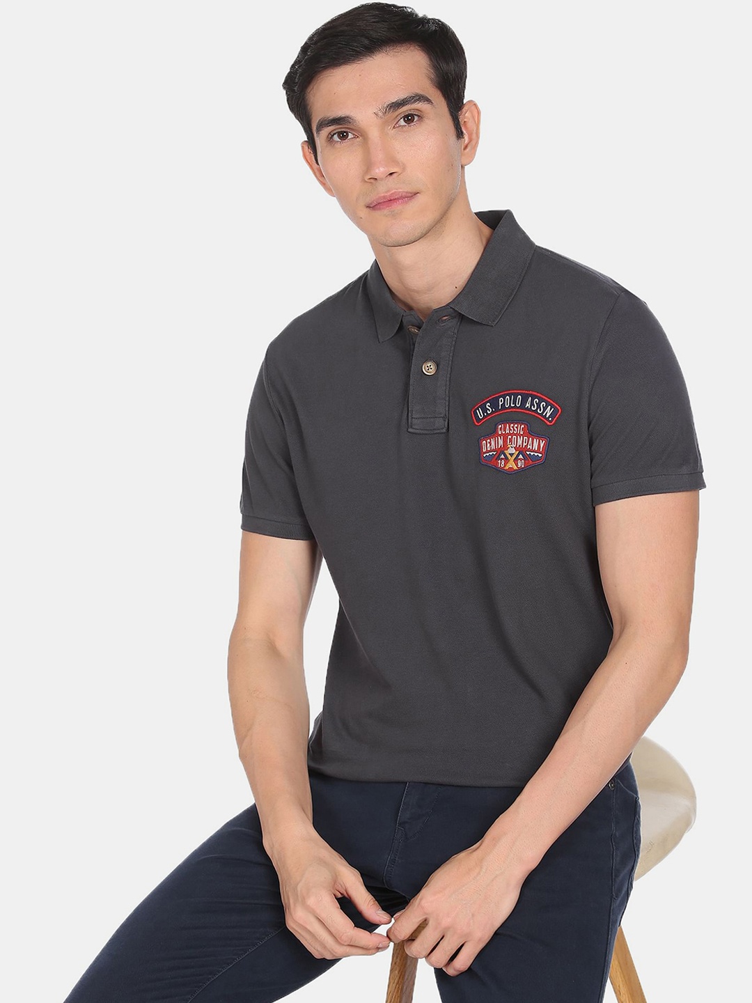 

U.S. Polo Assn. Denim Co. Men Grey Polo Collar Pure Cotton Applique T-shirt