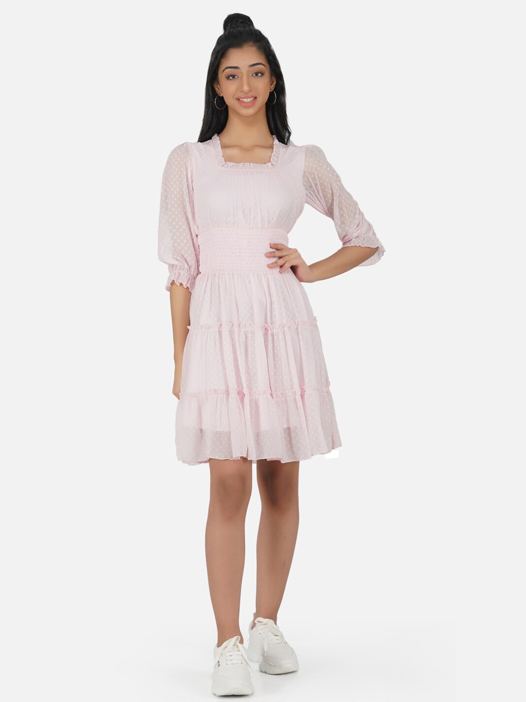 

Antheaa Girls Pink Chiffon Smocked Tiered Fit & Flare Dress