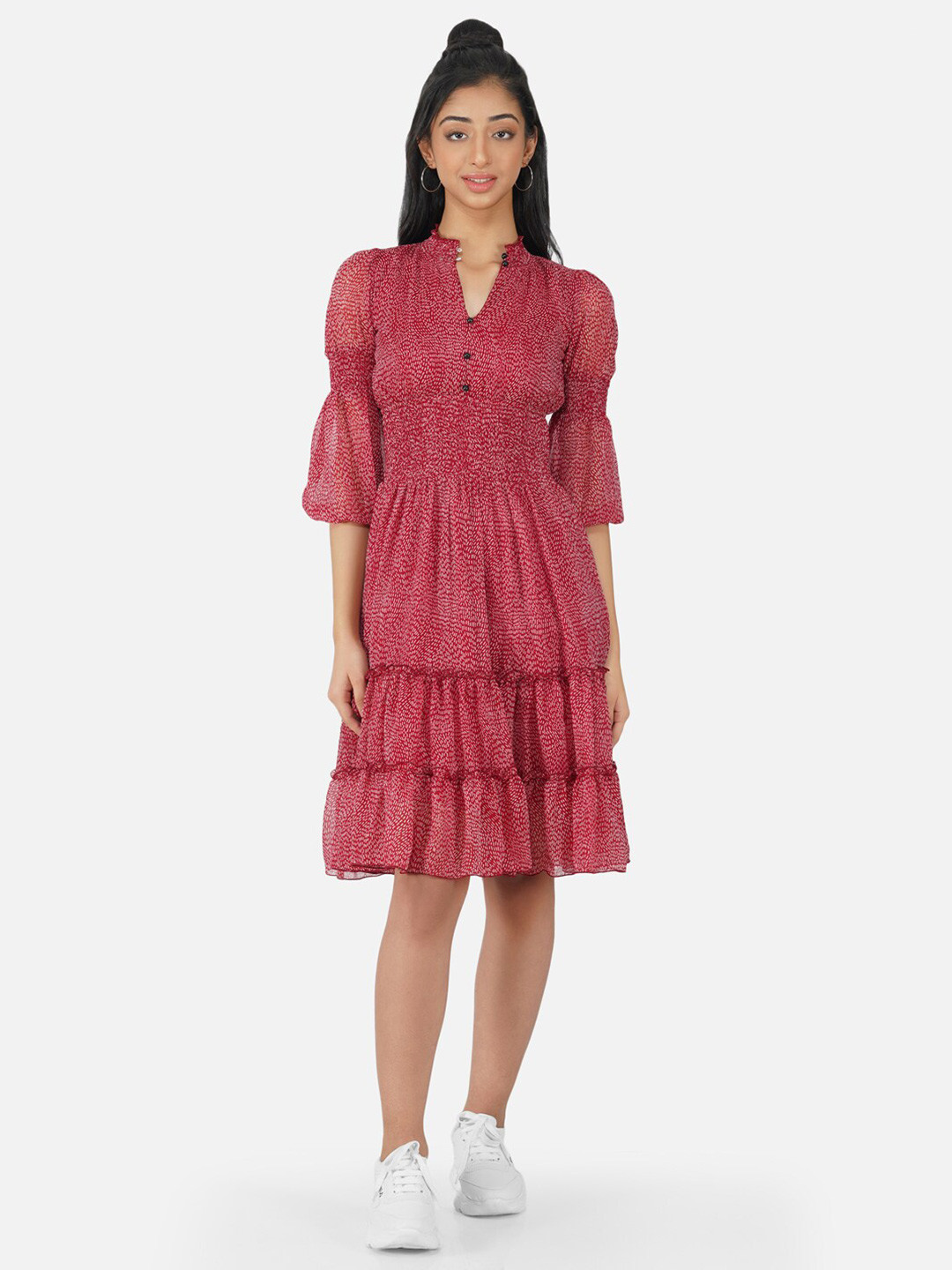 

Antheaa Girls Red Printed Chiffon Smocked Skater Fit & Flare Dress