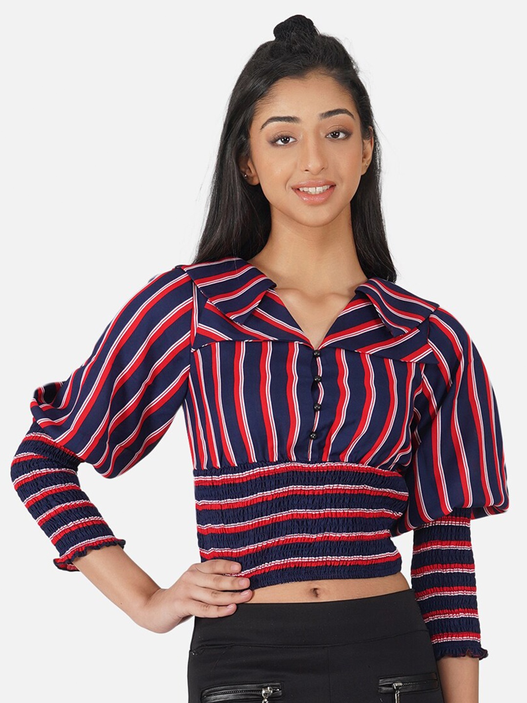 

Antheaa Girls Blue & Red Striped Collared Crop Top