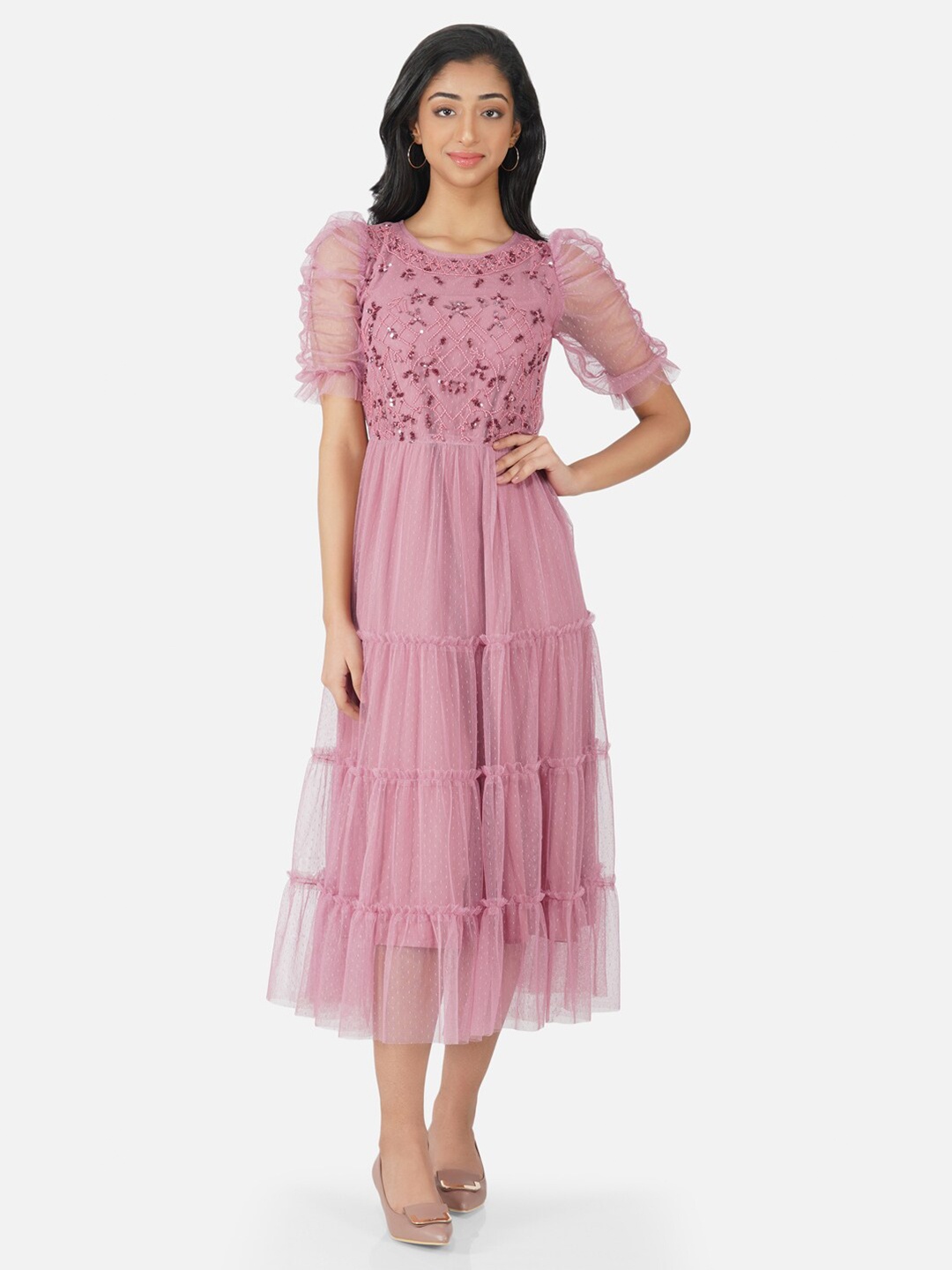 

Antheaa Girls Pink Net Embellished Midi Fit & Flare Dress