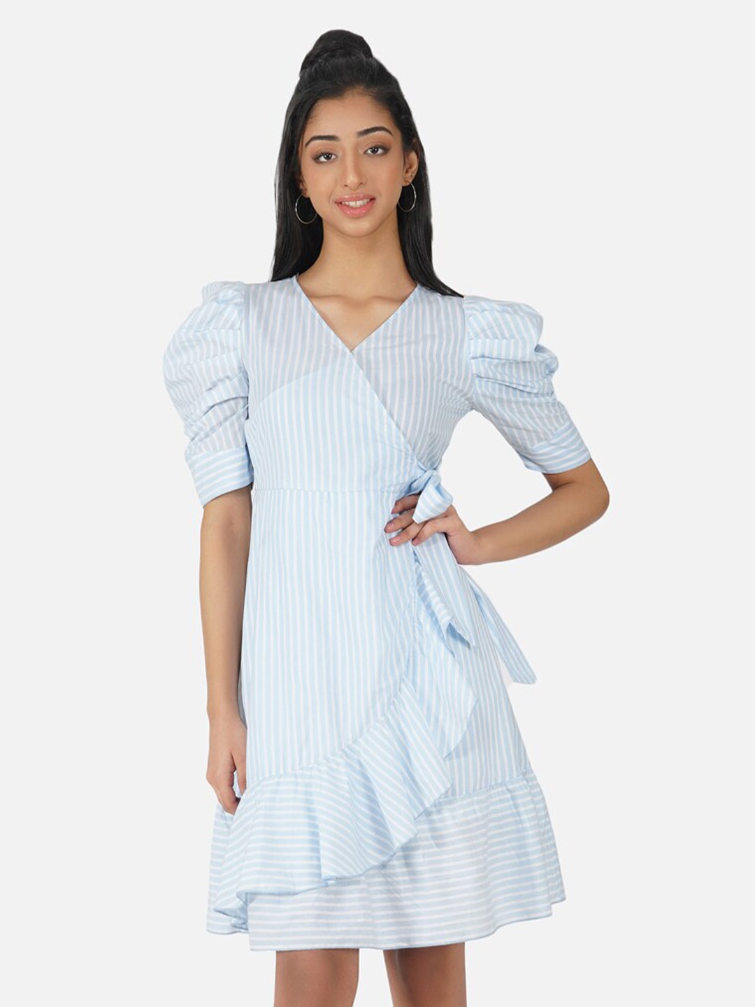 

Antheaa Girls Blue & White Striped Cotton Wrap Dress