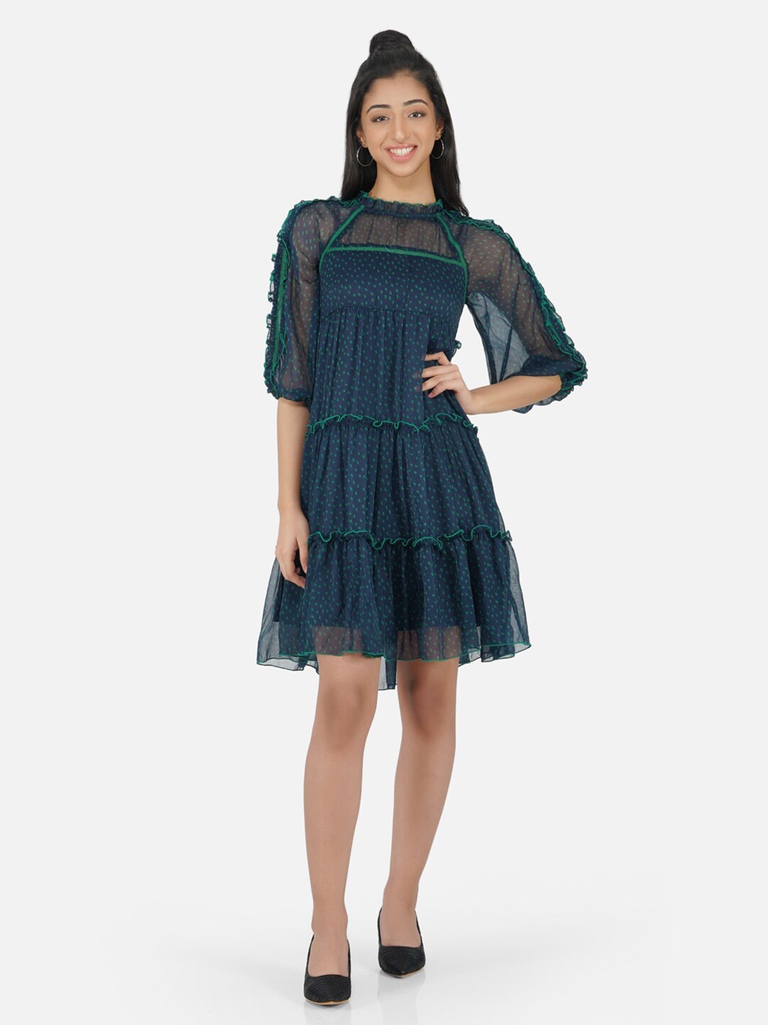 

Antheaa Girls Blue Self-Design Chiffon Laced Tiered Fit & Flare Dress