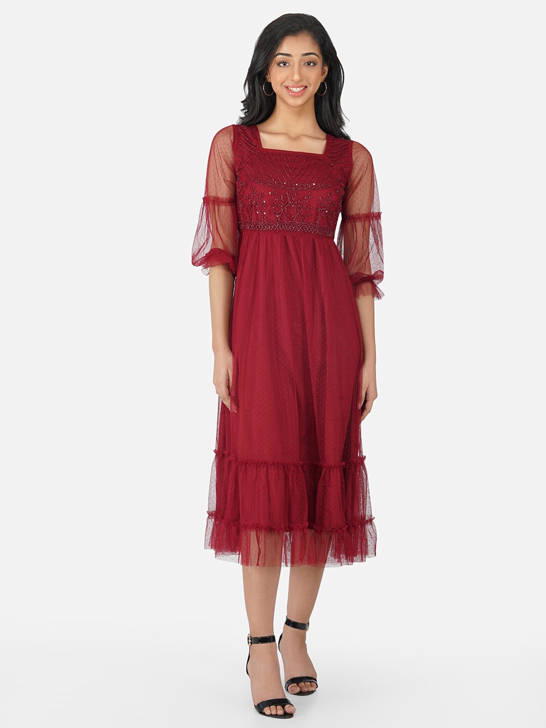 

Antheaa Girls Maroon Self-Design Net Embellished Midi Dress