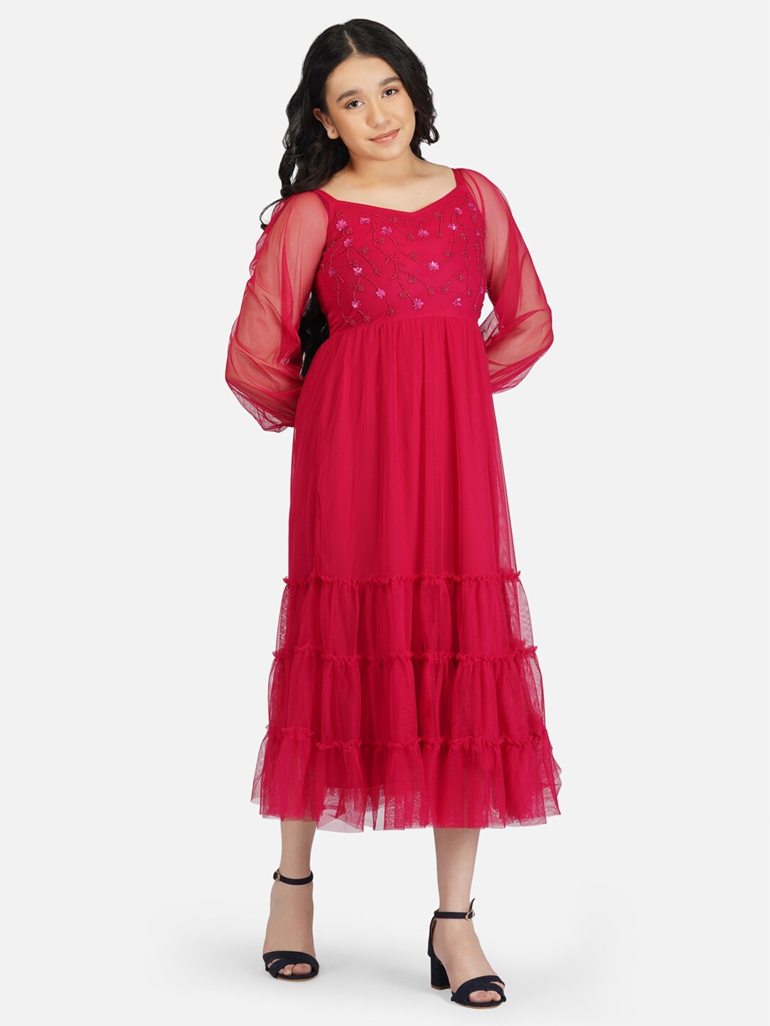 

Antheaa Girls Fuchsia Net Embellished Tiered Midi Fit & Flare Dress