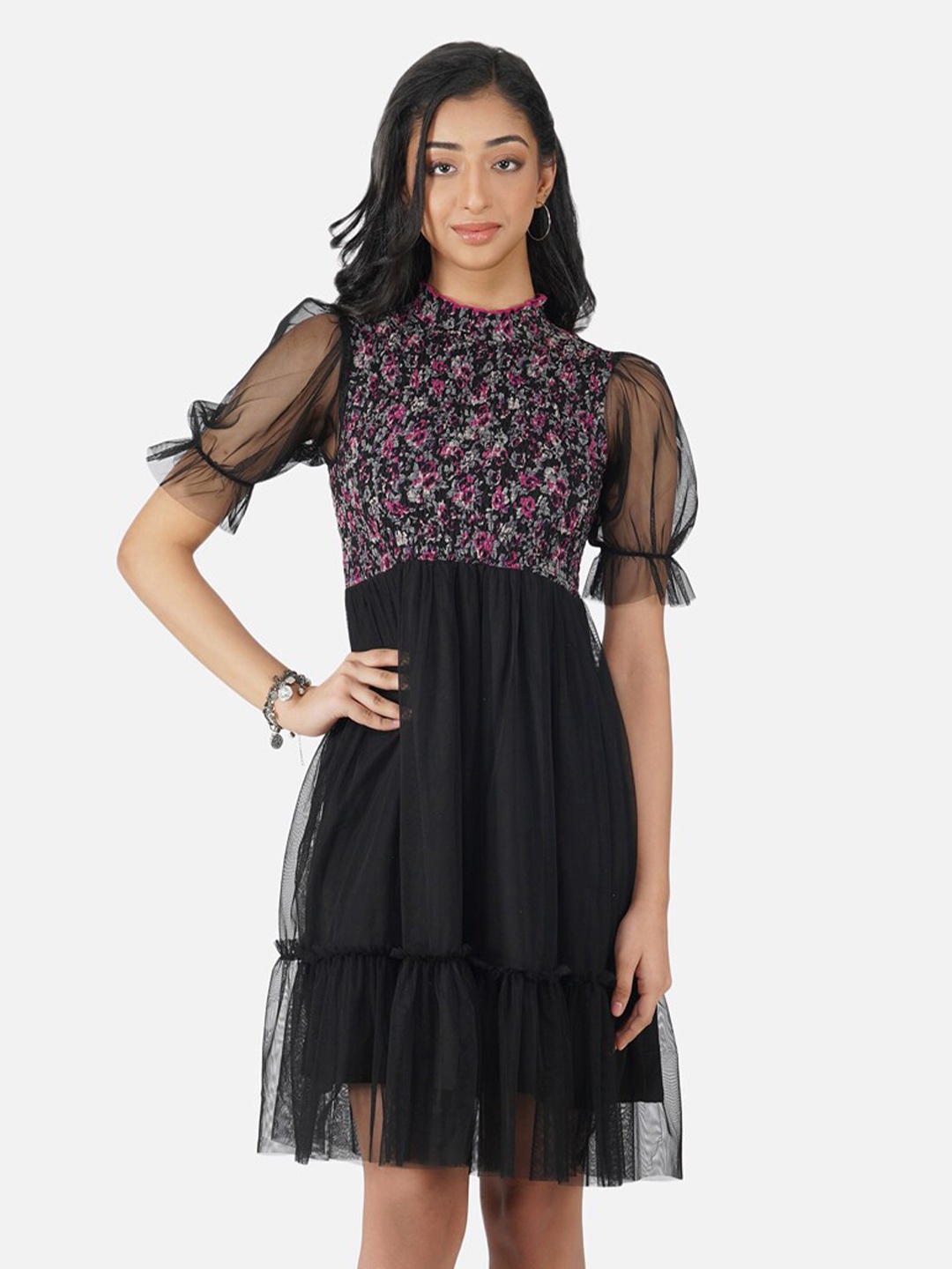 

Antheaa Black Floral Print Chiffon Smocked Tiered Fit & Flare Dress